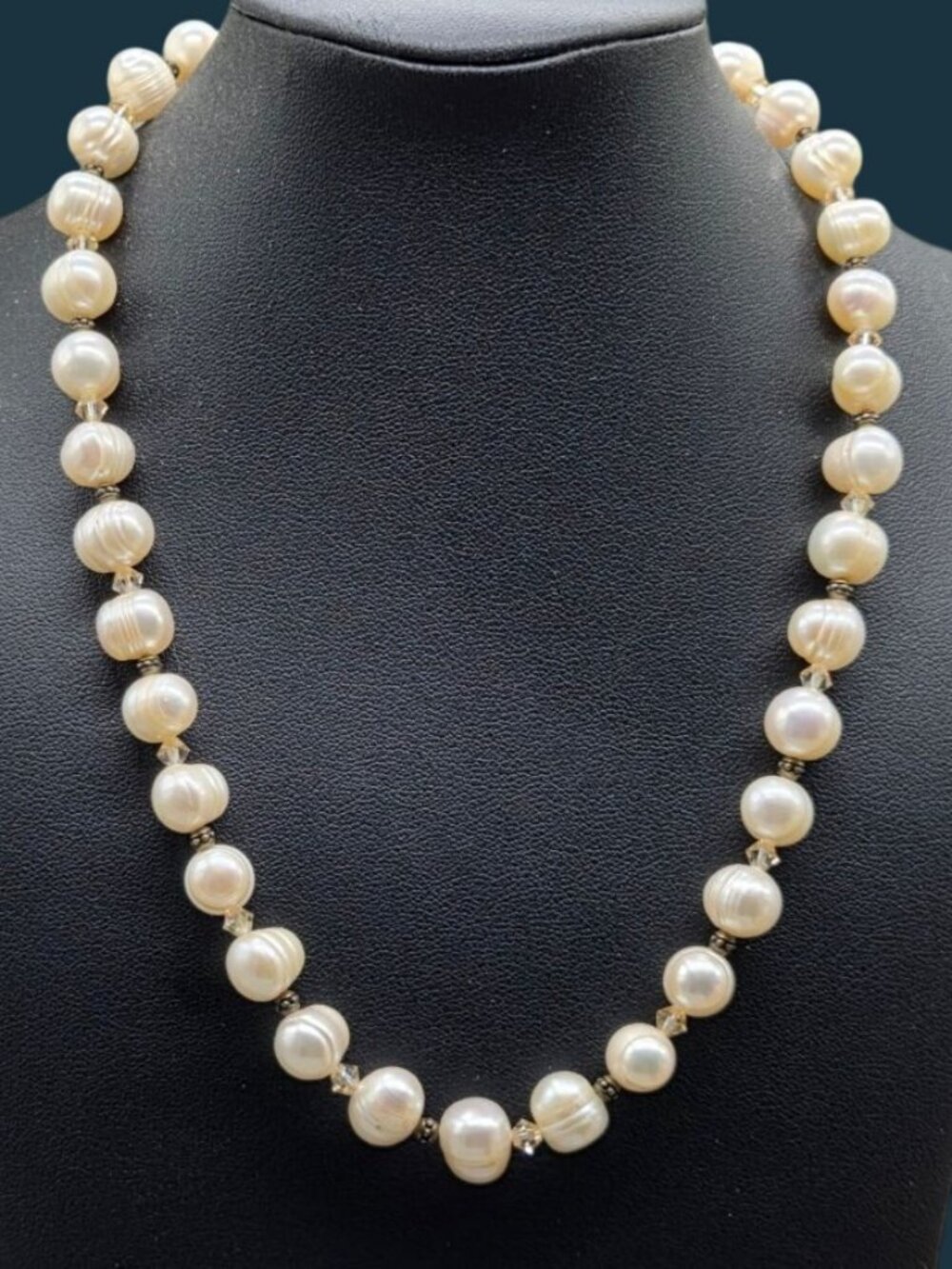 Vintage 17" Freshwater Pearl Necklace 10mm-10.6mm Crystal Metal Spacer Beads
